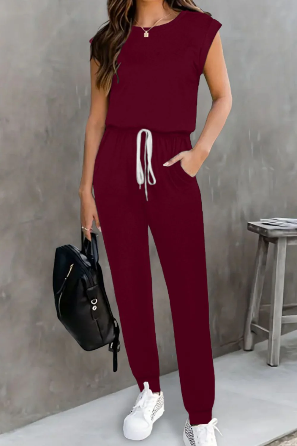 Drawstring Round Neck Sleeveless Jumpsuit - Image 9