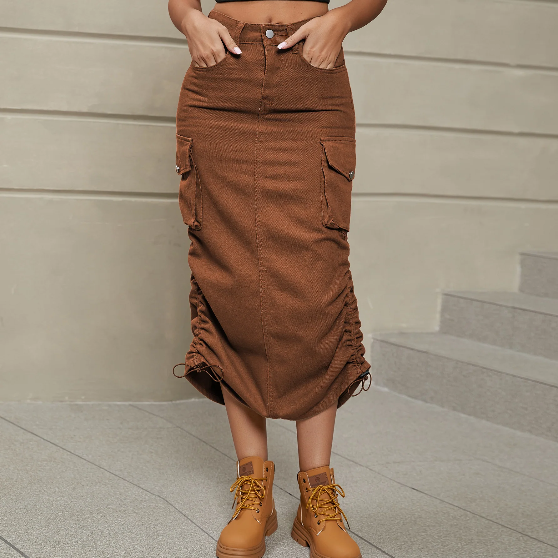 Drawstring Ruched Slit Denim Midi Skirt - Image 11