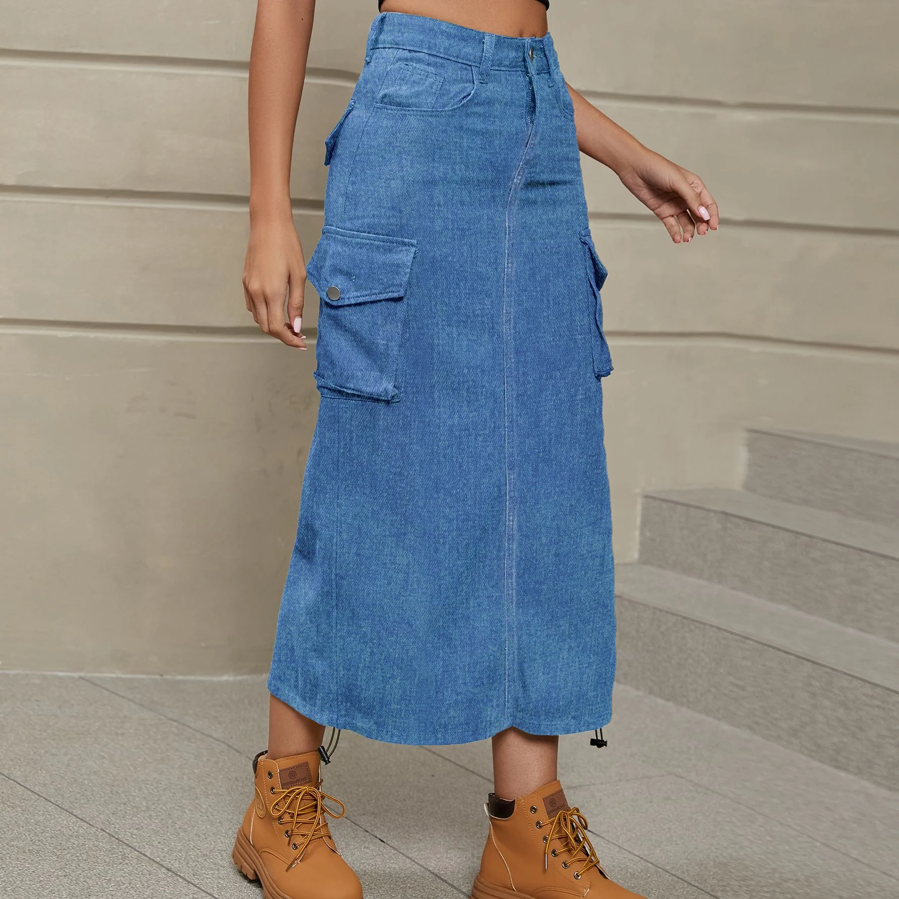 Drawstring Ruched Slit Denim Midi Skirt - Image 2