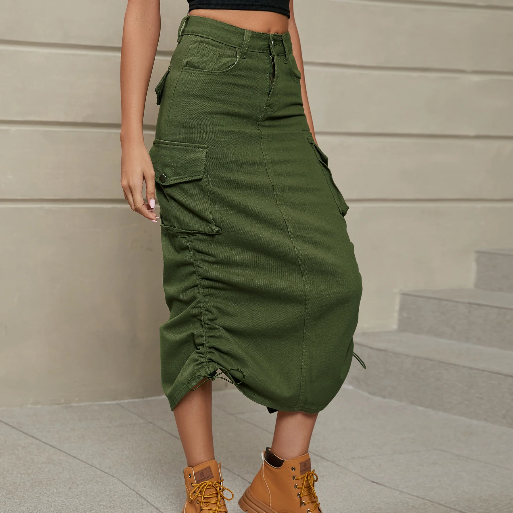 Drawstring Ruched Slit Denim Midi Skirt - Image 20