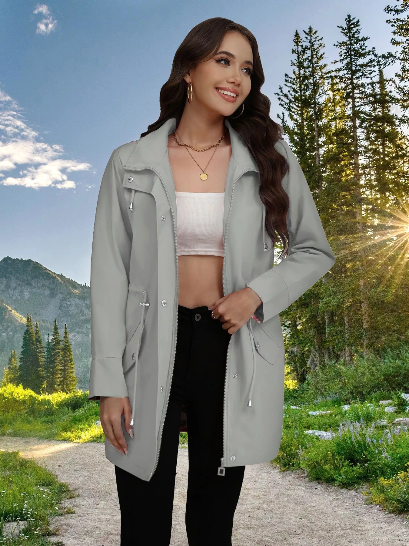 Drawstring Snap-Down Trench Coat - Image 29