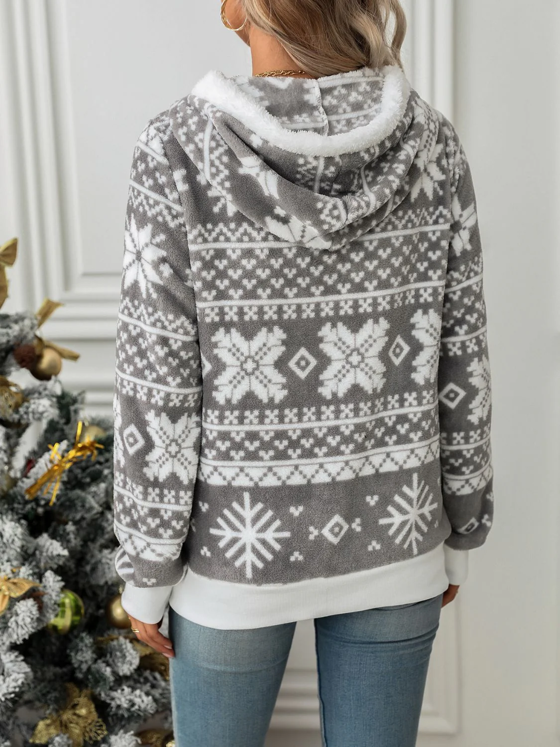 Drawstring Snowflake Zip Up Hooded Outerwear - Image 3