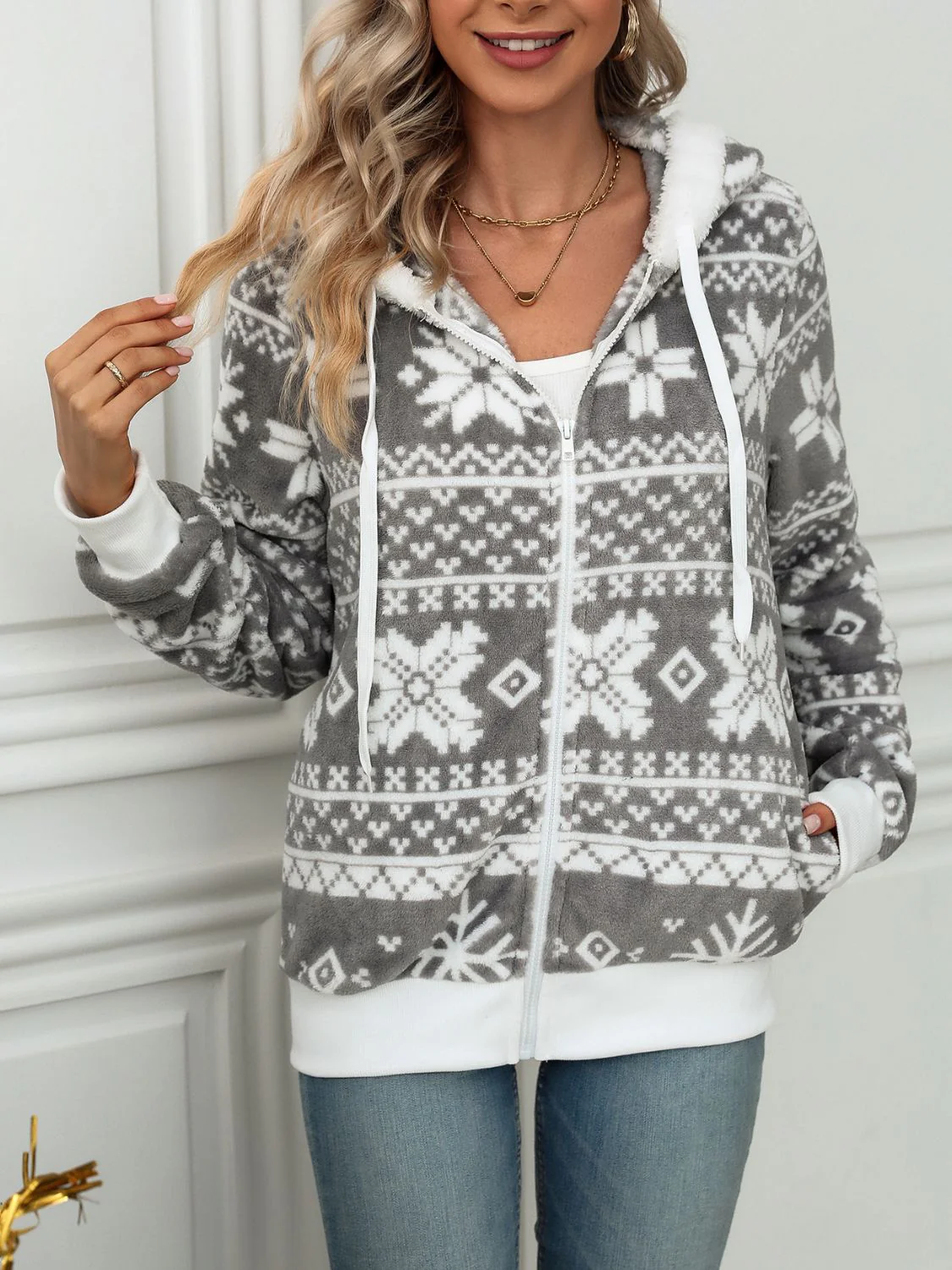 Drawstring Snowflake Zip Up Hooded Outerwear - Image 4