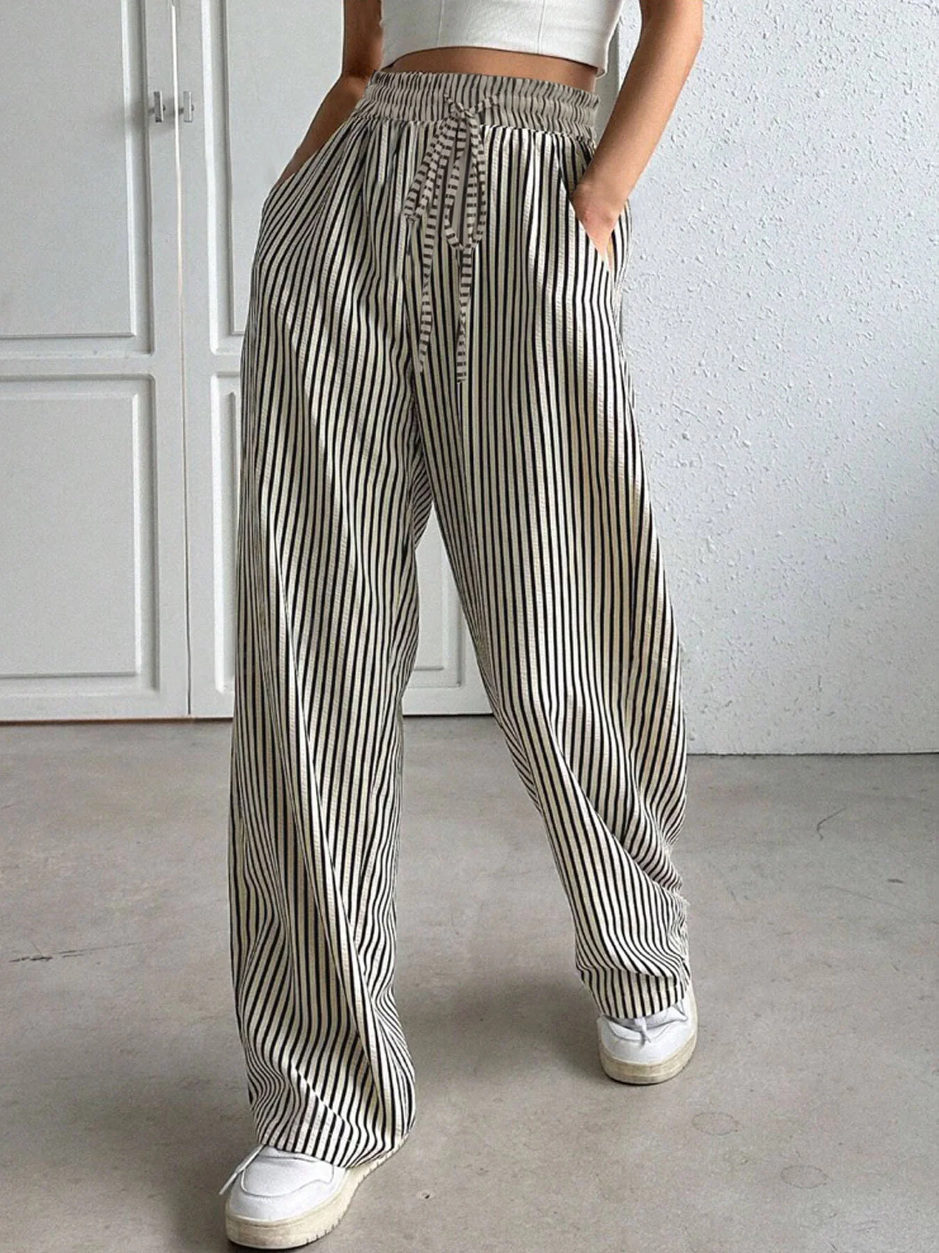 Drawstring Striped Elastic Waist Pants - Image 10