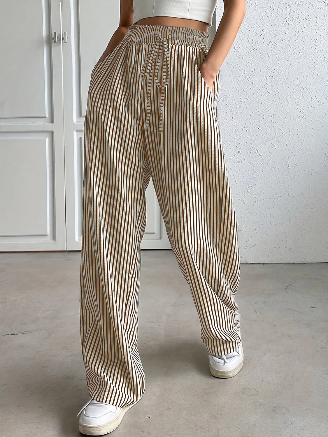 Drawstring Striped Elastic Waist Pants - Image 4