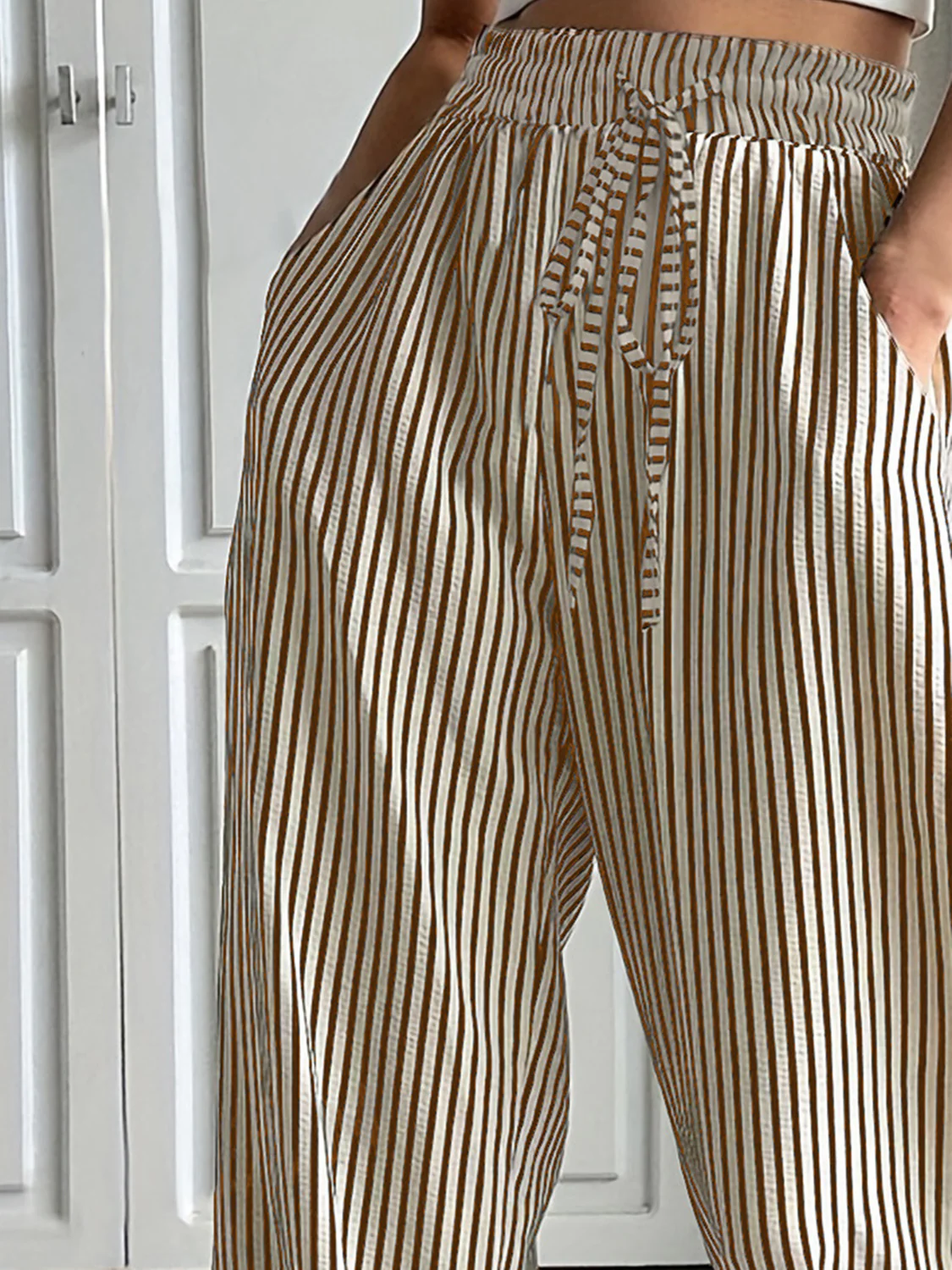Drawstring Striped Elastic Waist Pants - Image 5