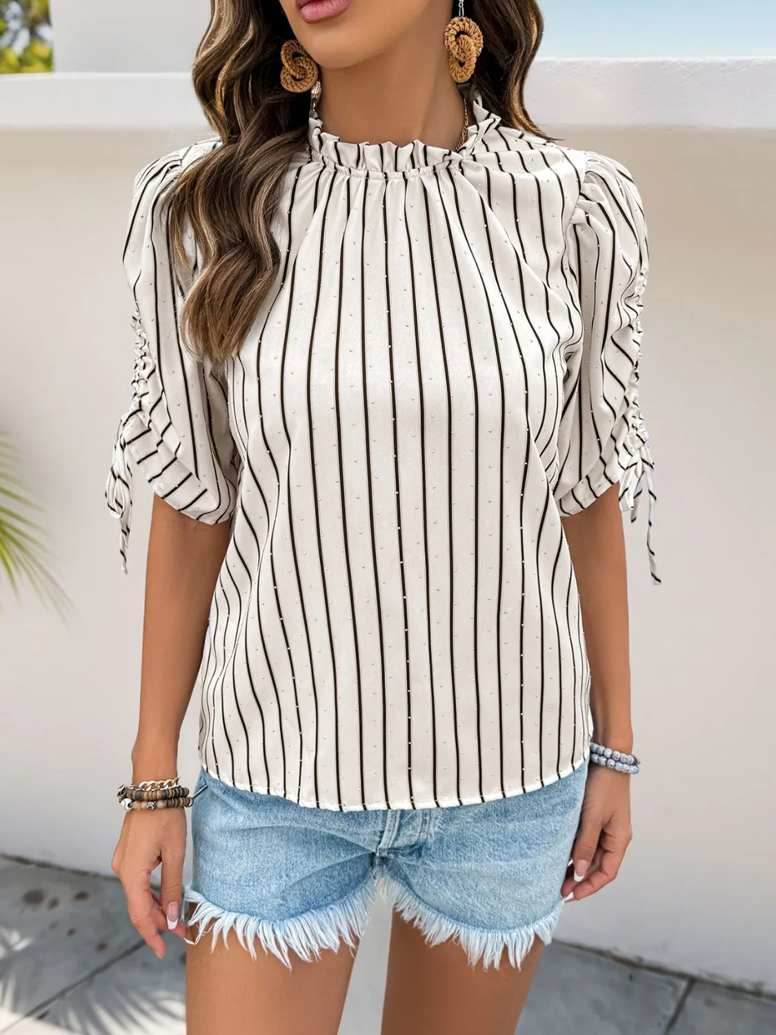 Drawstring Striped Half Sleeve Blouse - Image 4