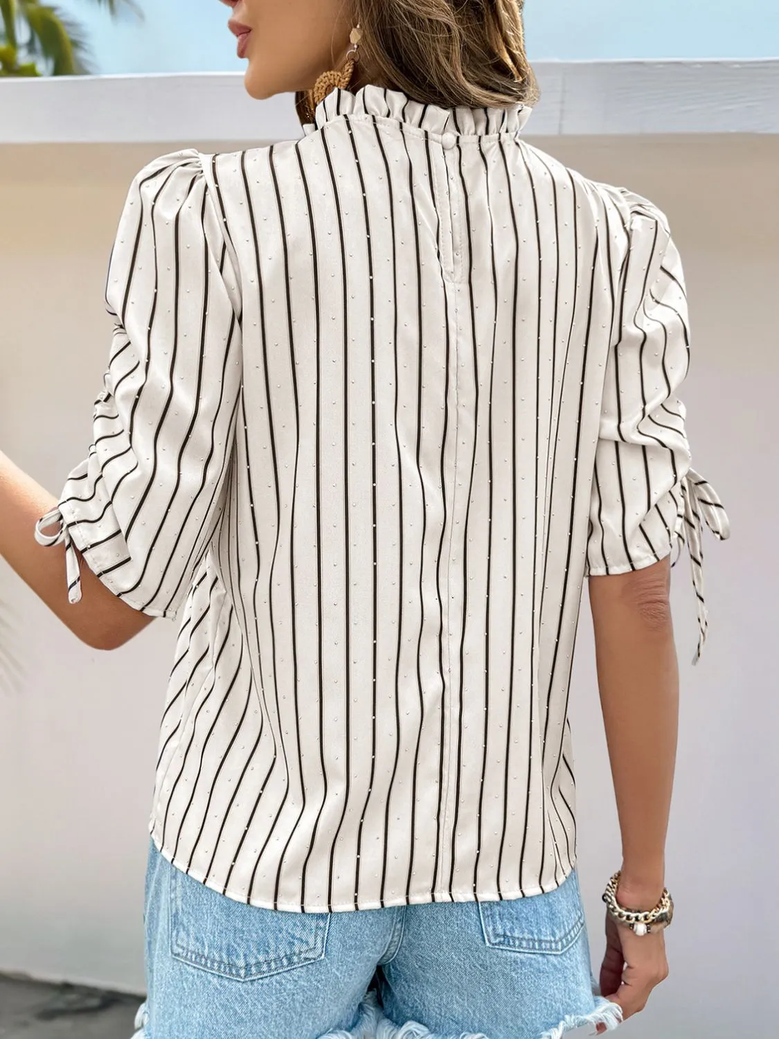Drawstring Striped Half Sleeve Blouse - Image 6