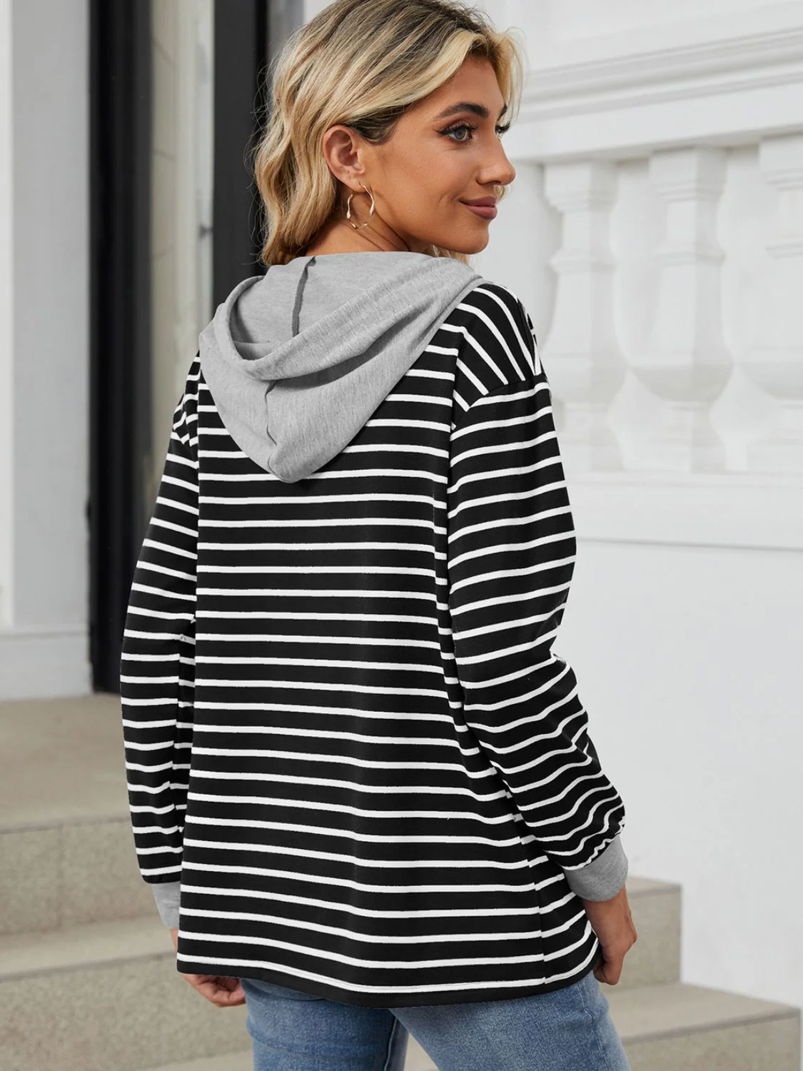 Drawstring Striped Long Sleeve Hoodie - Image 12