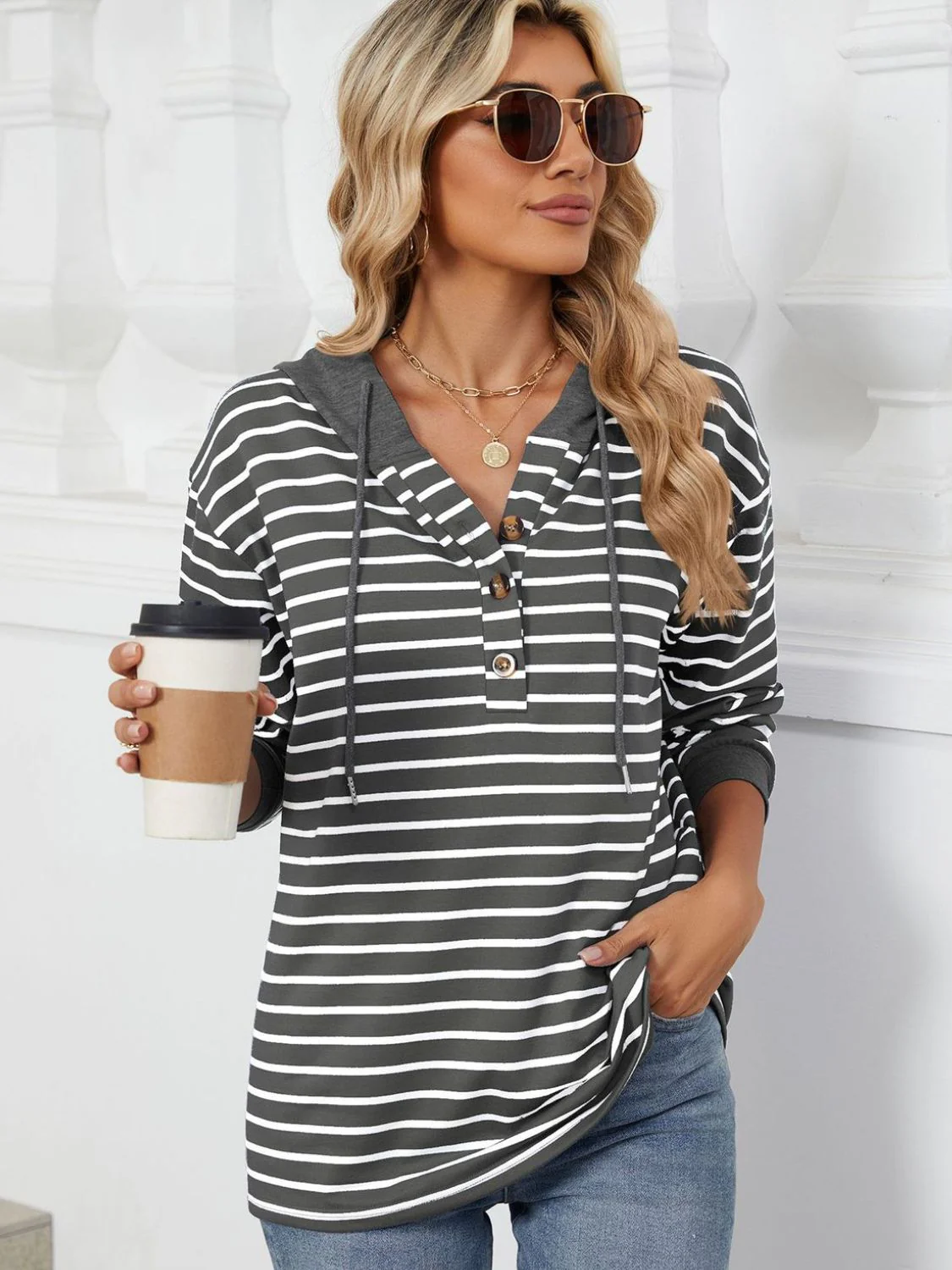 Drawstring Striped Long Sleeve Hoodie - Image 23