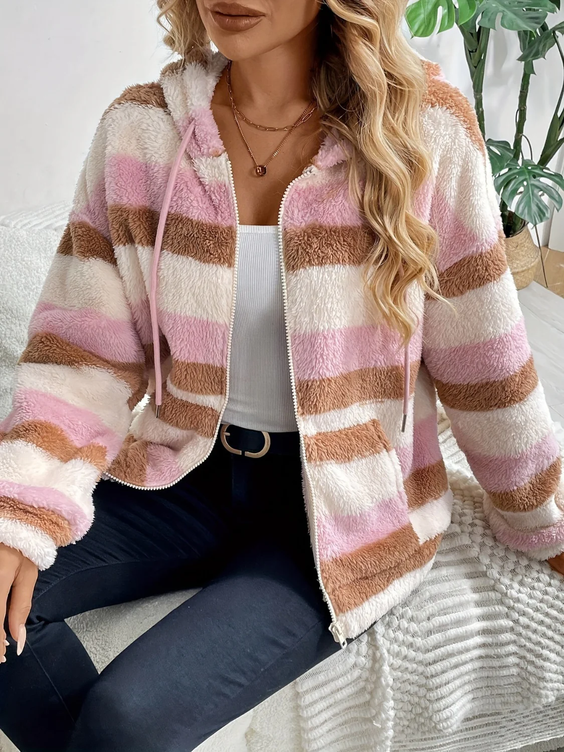 Drawstring Striped Zip Up Hooded Jacket - Image 3