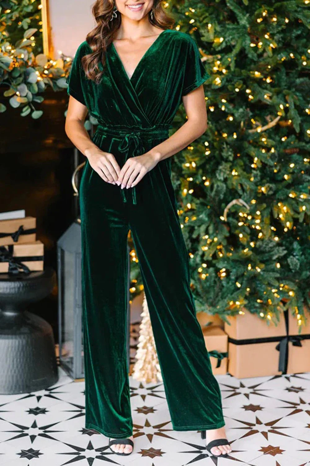 Drawstring Surplice Short Sleeve Jumpsuit - Image 5