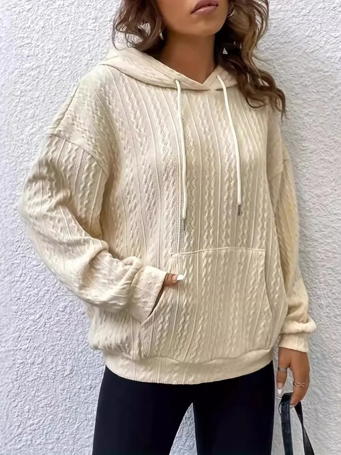 Drawstring Texture Long Sleeve Hoodie - Image 2