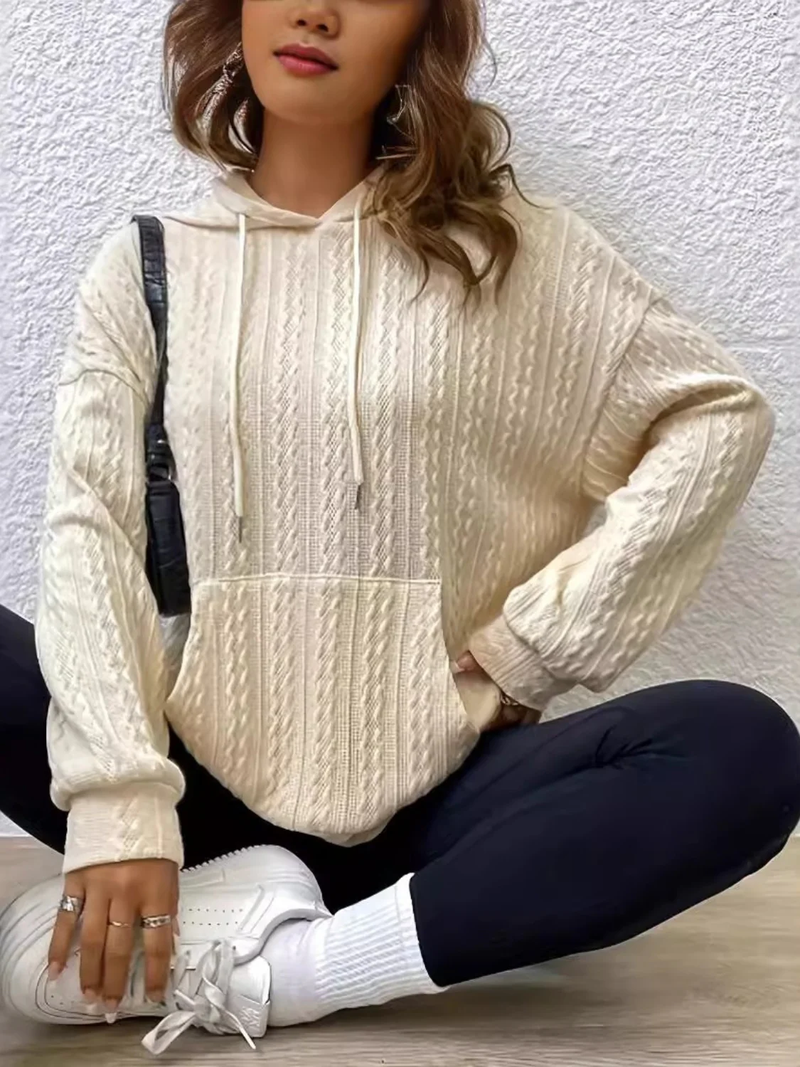 Drawstring Texture Long Sleeve Hoodie - Image 4