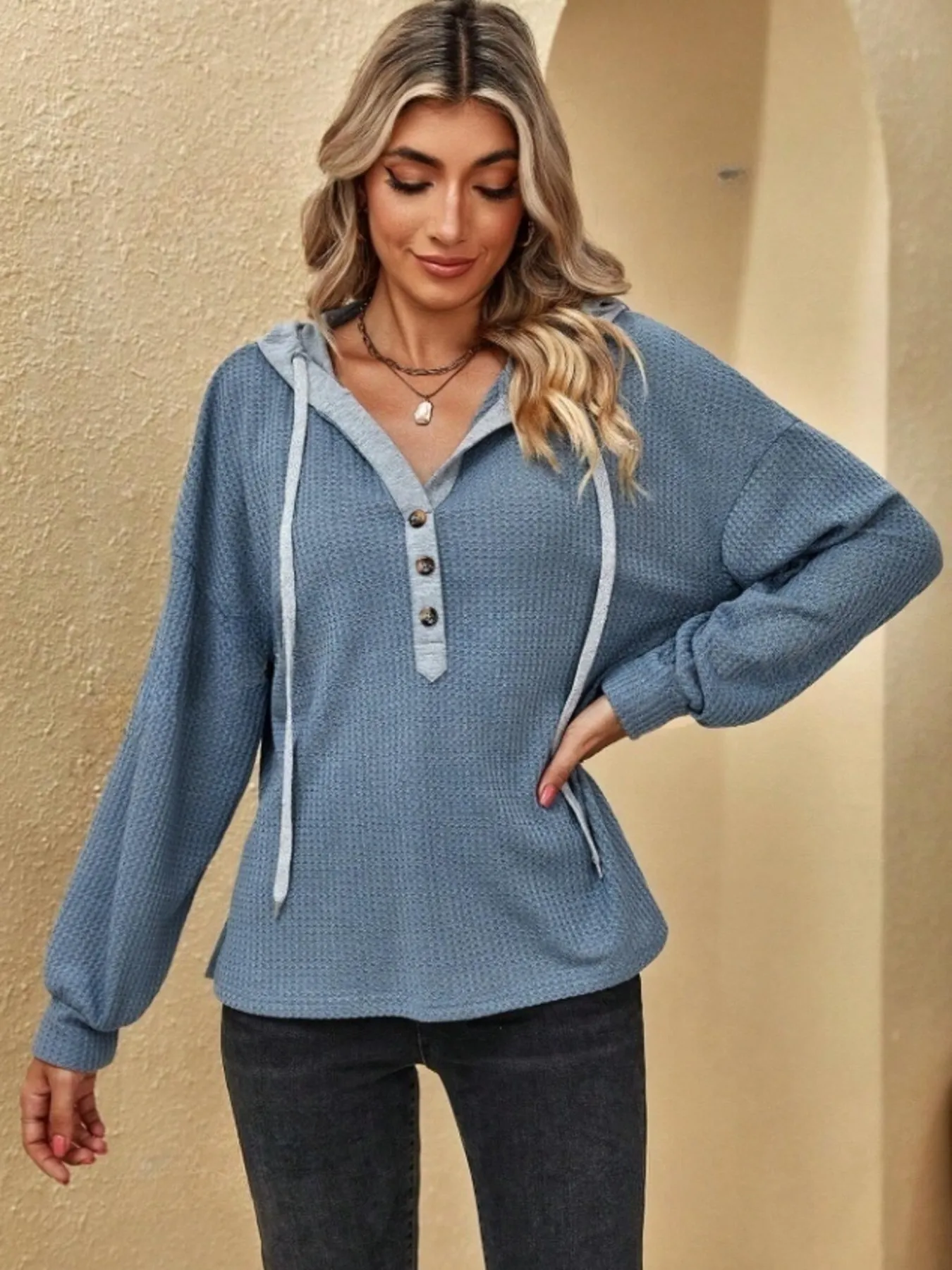 Drawstring Waffle Knit Hoodie - Image 11