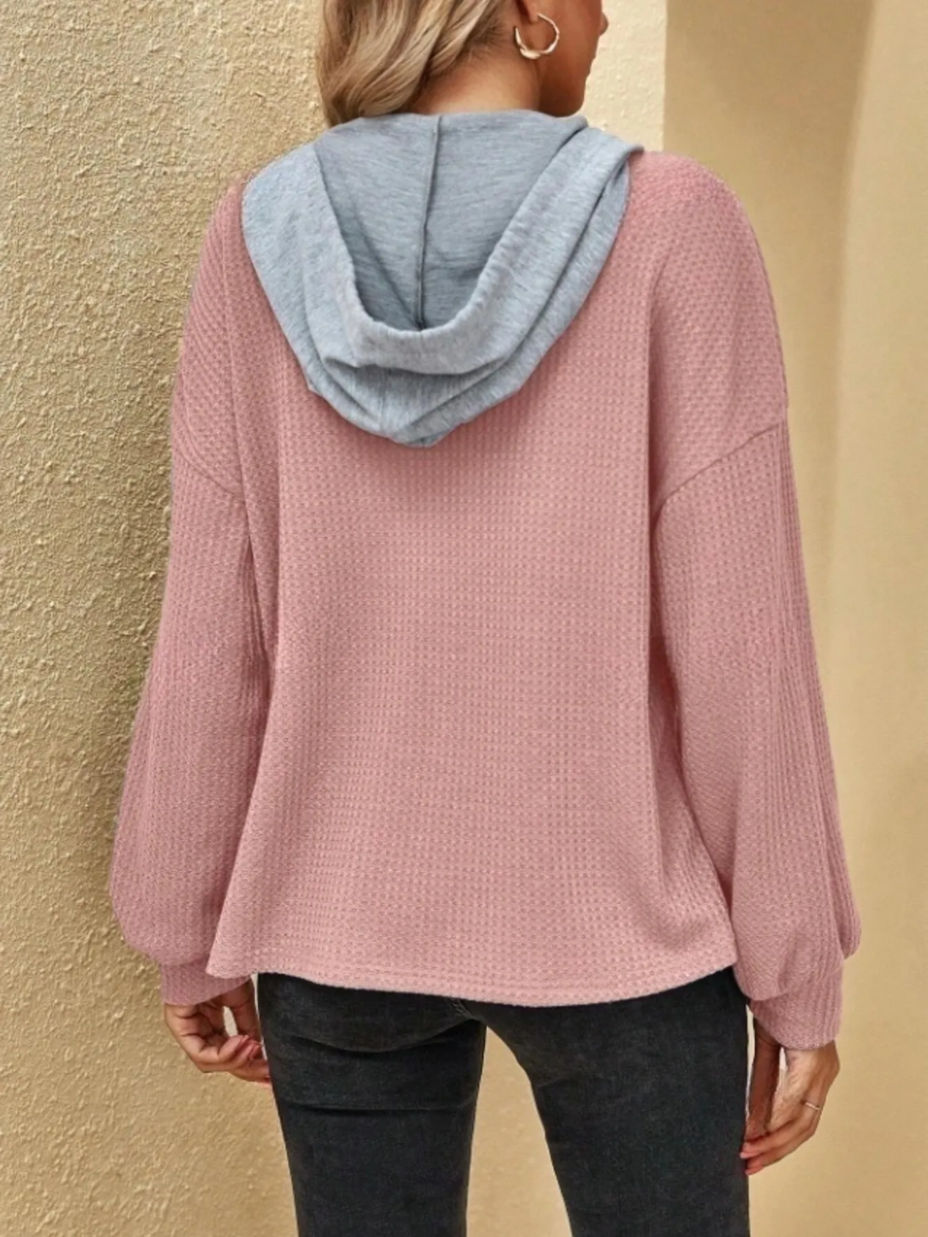 Drawstring Waffle Knit Hoodie - Image 2