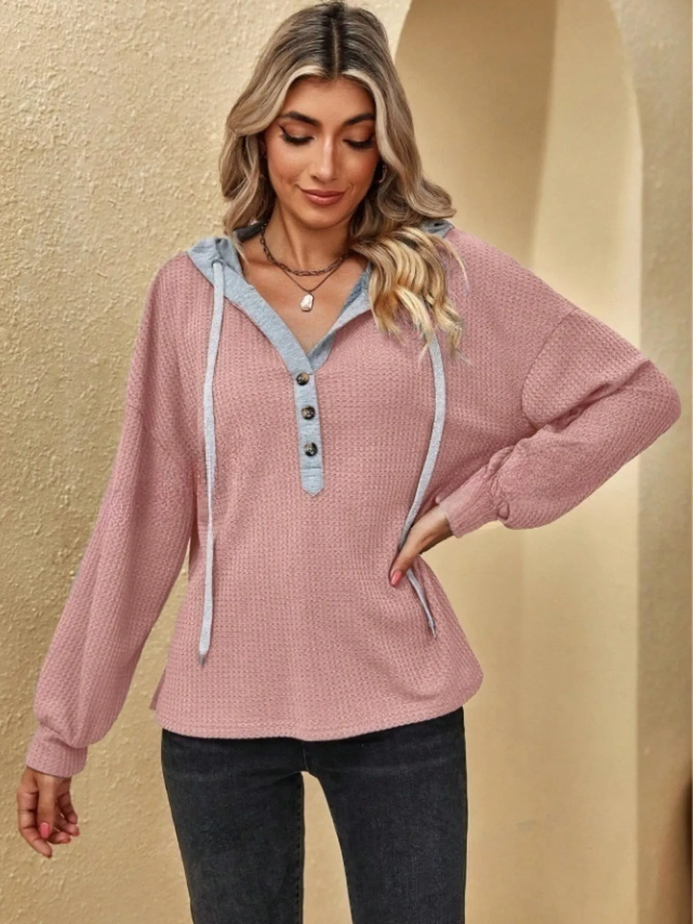 Drawstring Waffle Knit Hoodie - Image 6