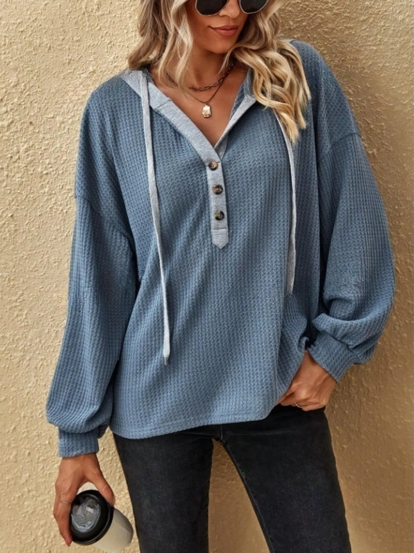 Drawstring Waffle Knit Hoodie - Image 7