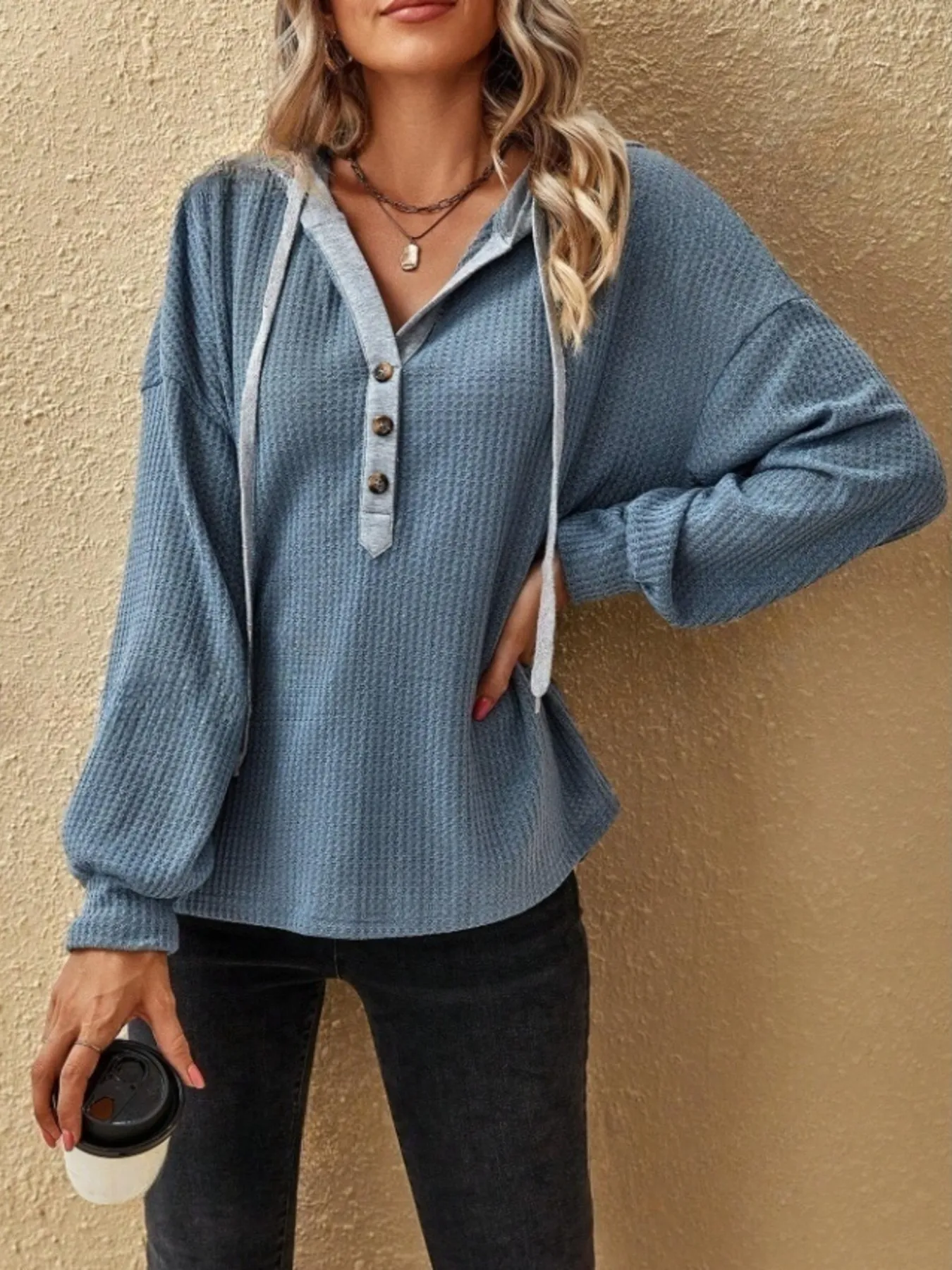 Drawstring Waffle Knit Hoodie - Image 9