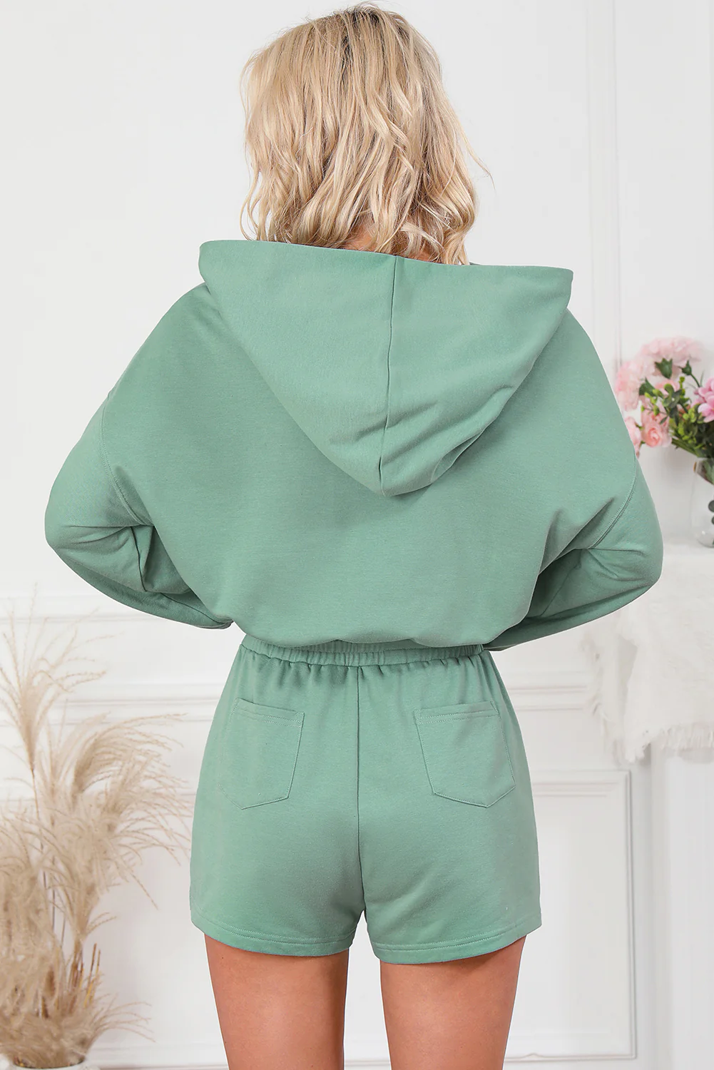 Drawstring Waist Hooded Romper with Pockets - Image 2