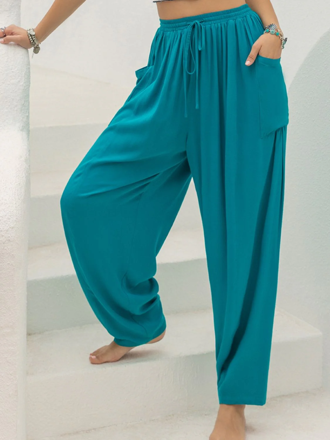 Drawstring Wide Leg Pants with Pockets - Image 3