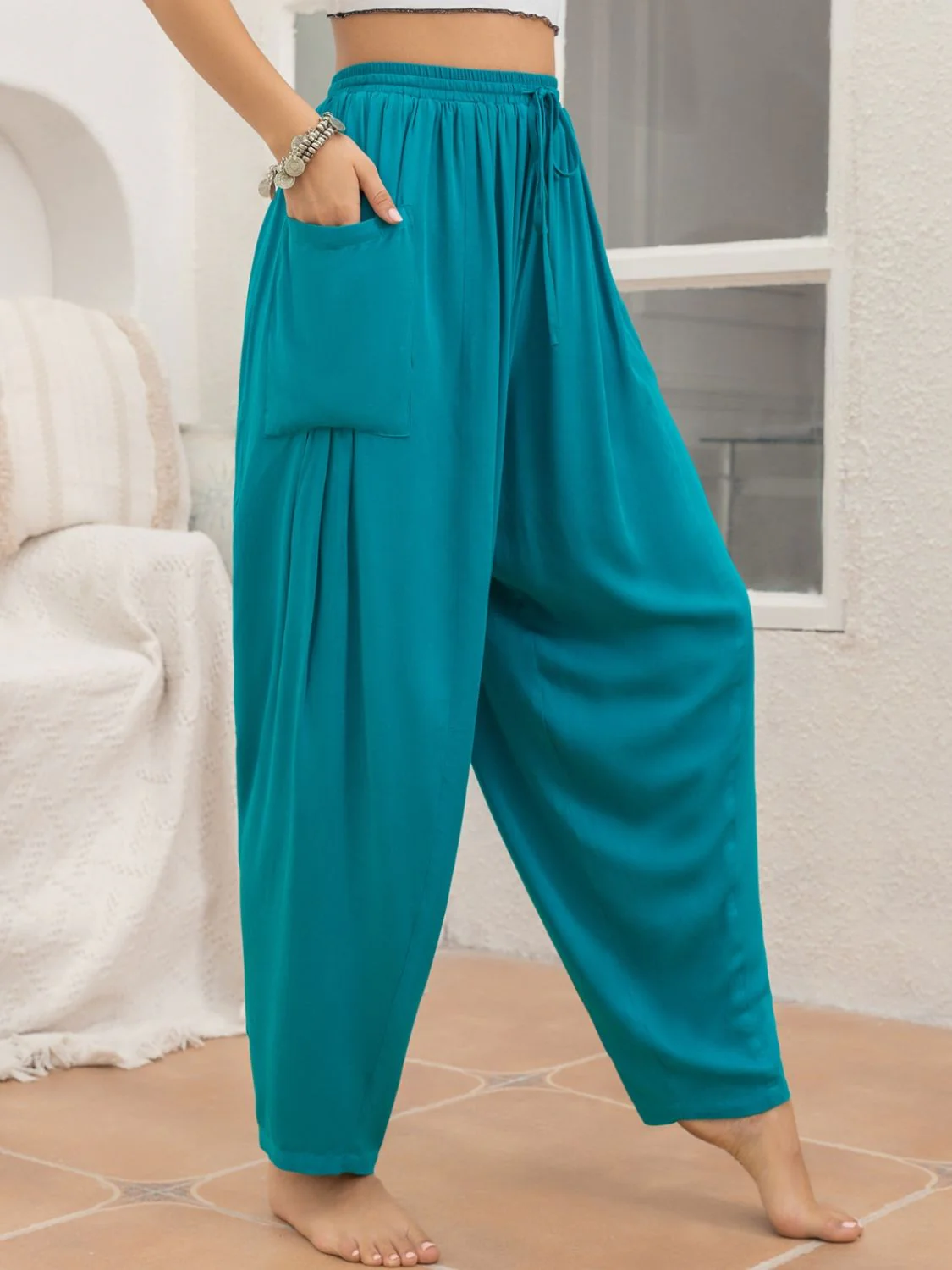Drawstring Wide Leg Pants with Pockets - Image 4