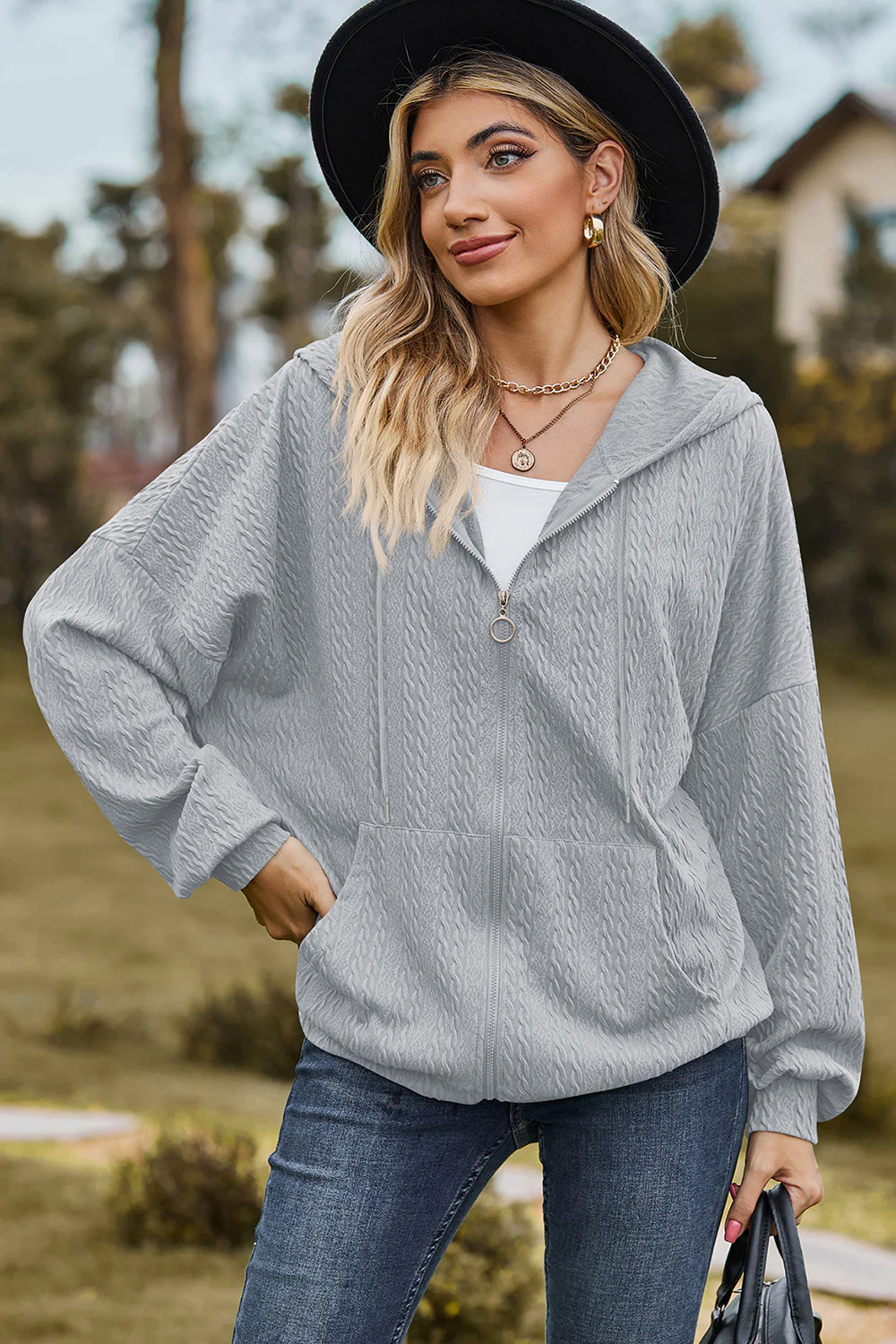 Drawstring Zip Up Dropped Shoulder Hoodie - Image 11