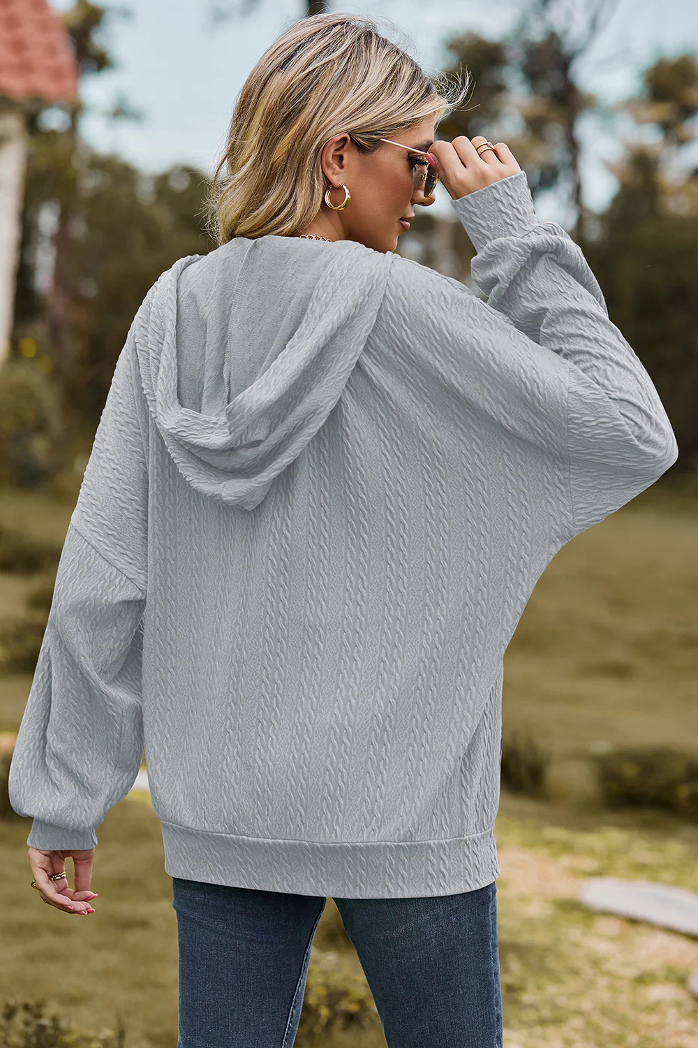 Drawstring Zip Up Dropped Shoulder Hoodie - Image 12