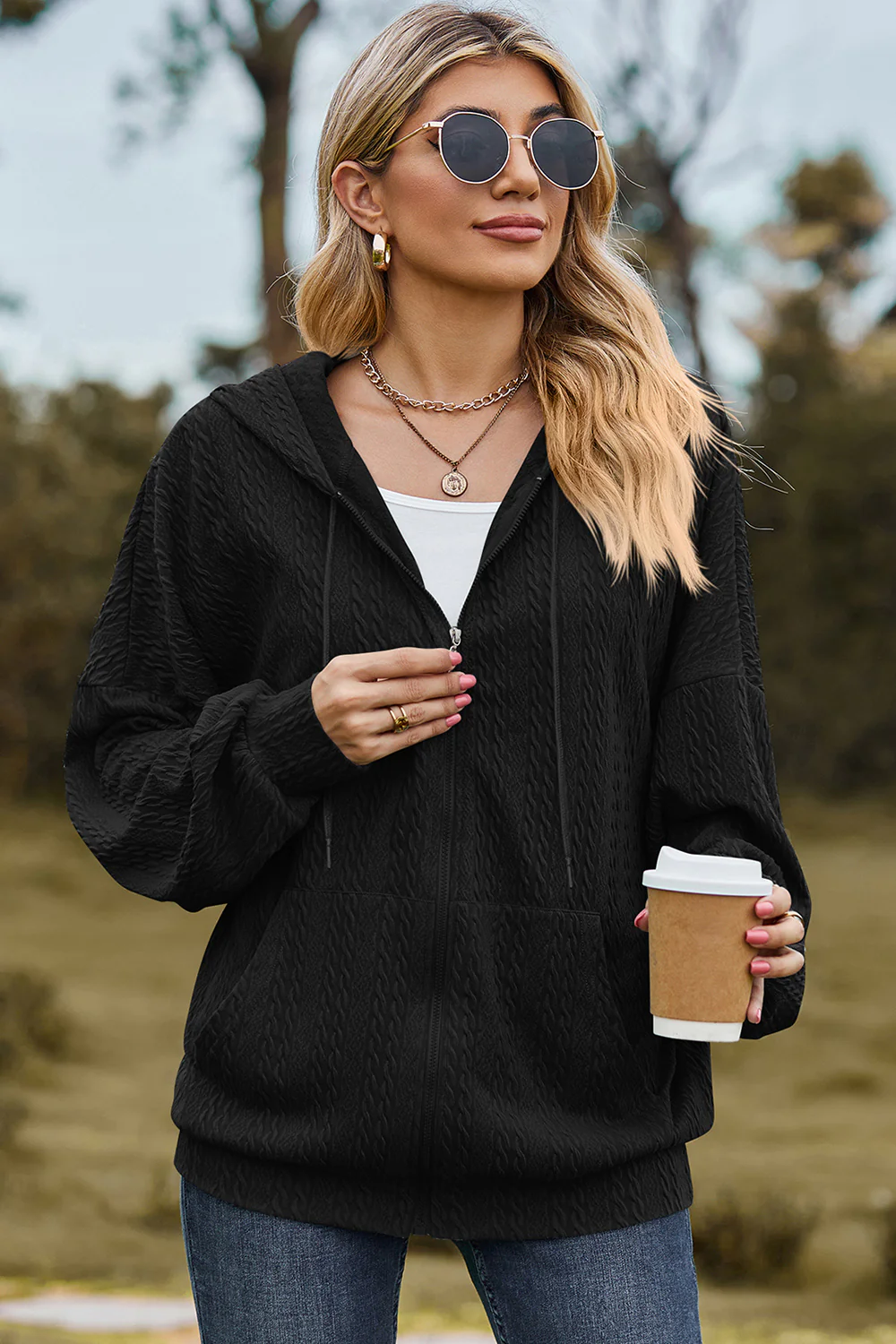 Drawstring Zip Up Dropped Shoulder Hoodie - Image 13