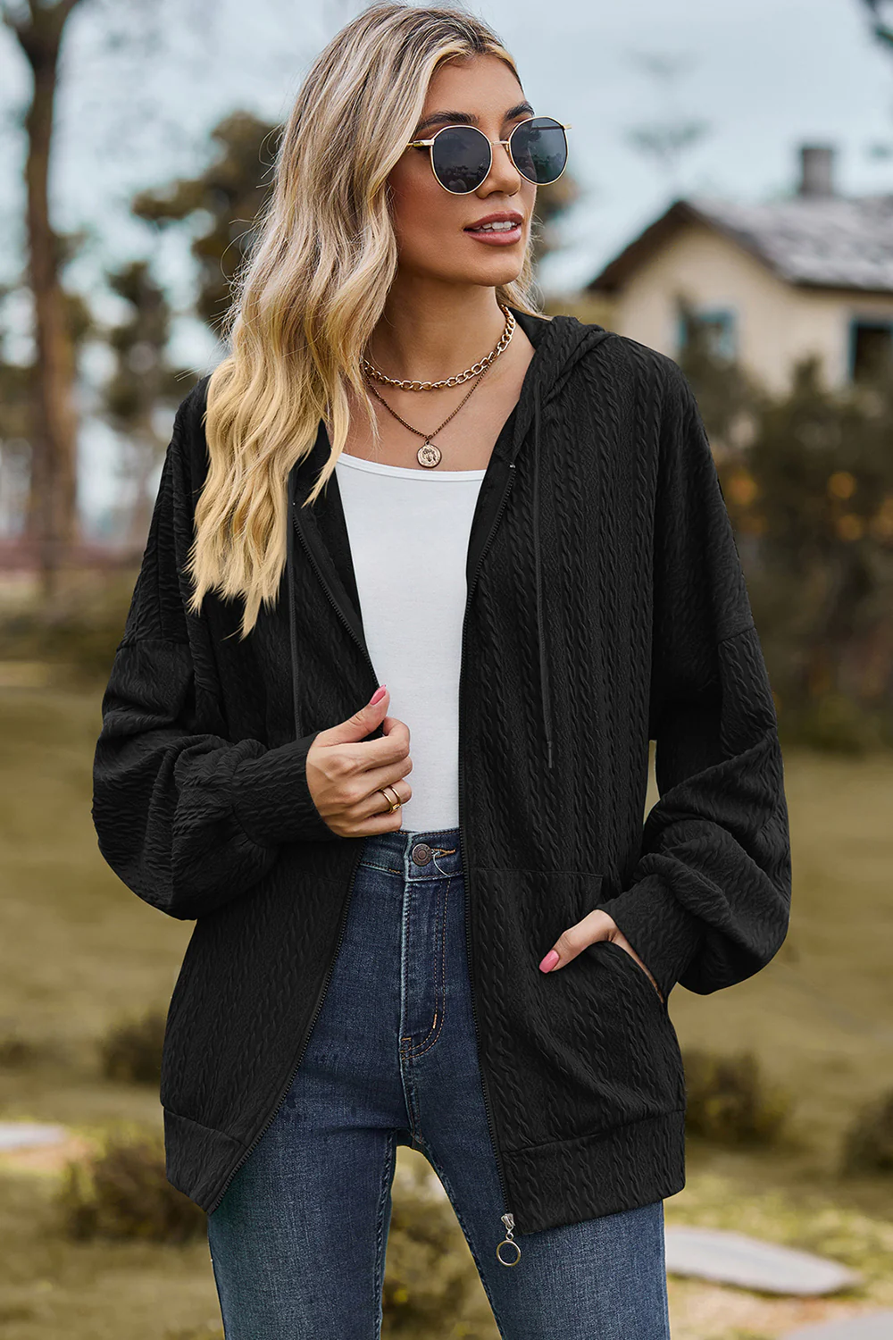 Drawstring Zip Up Dropped Shoulder Hoodie - Image 14