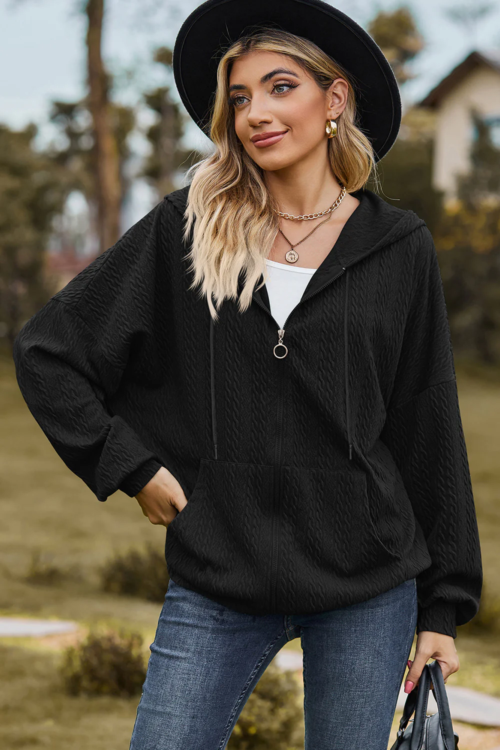 Drawstring Zip Up Dropped Shoulder Hoodie - Image 15