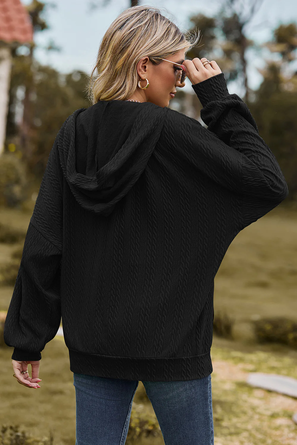 Drawstring Zip Up Dropped Shoulder Hoodie - Image 16