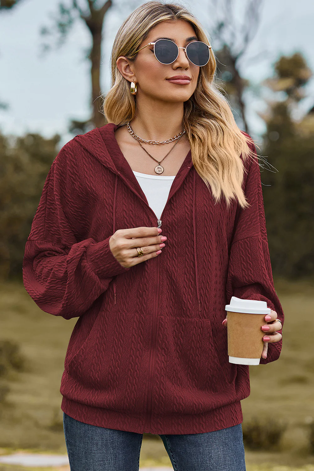 Drawstring Zip Up Dropped Shoulder Hoodie - Image 17
