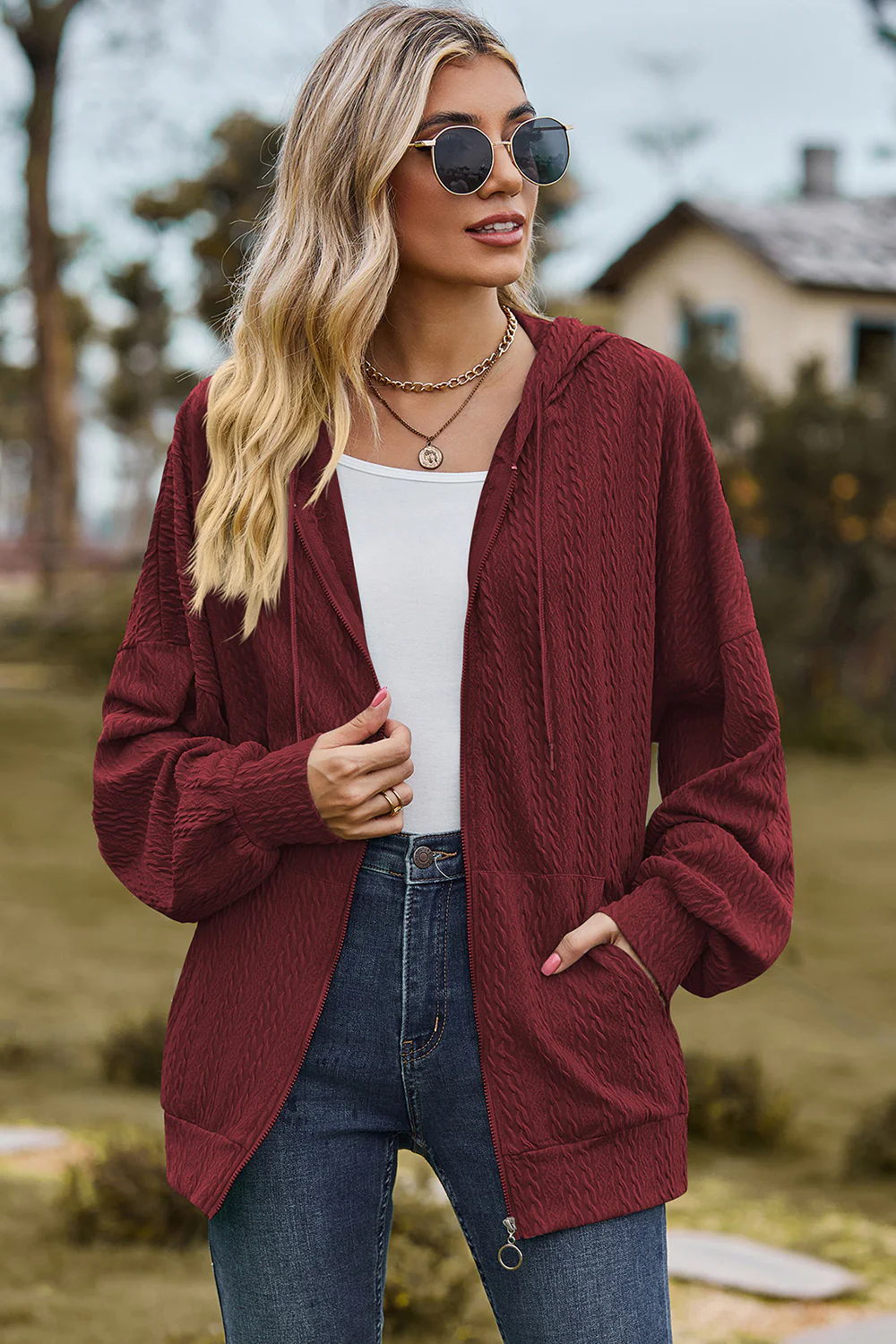 Drawstring Zip Up Dropped Shoulder Hoodie - Image 18