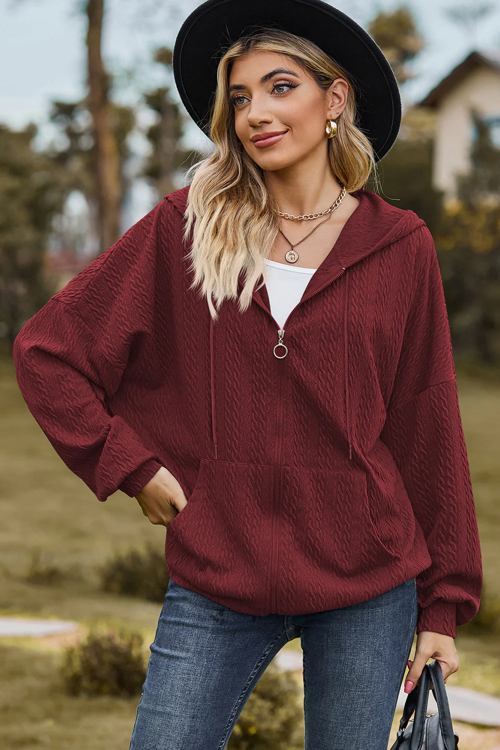 Drawstring Zip Up Dropped Shoulder Hoodie - Image 19