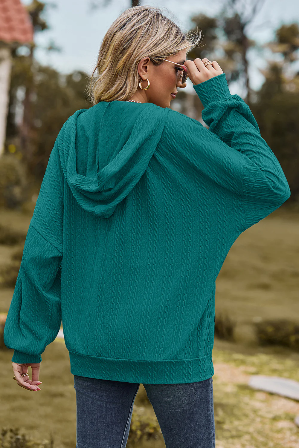 Drawstring Zip Up Dropped Shoulder Hoodie - Image 2