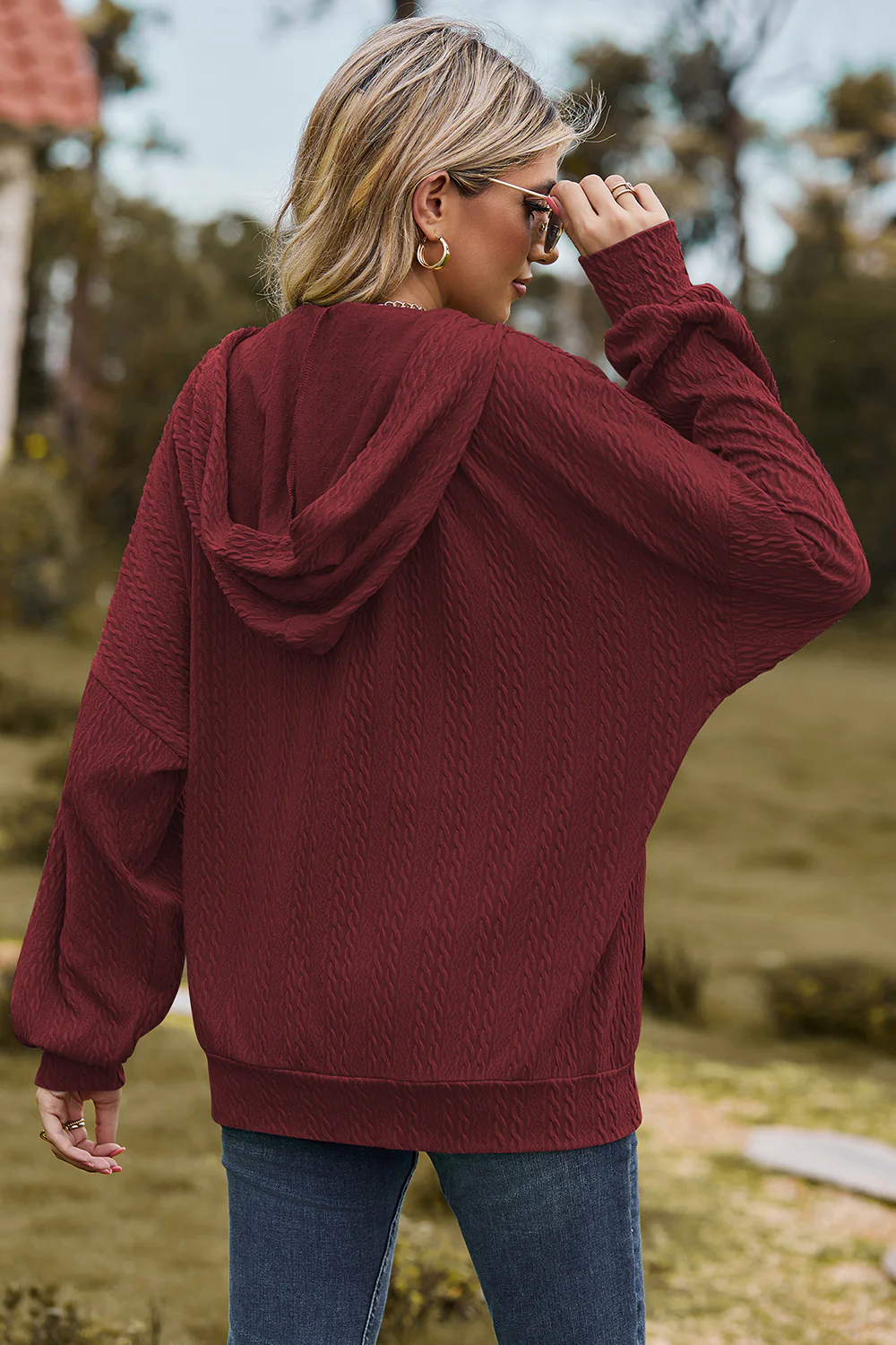 Drawstring Zip Up Dropped Shoulder Hoodie - Image 20