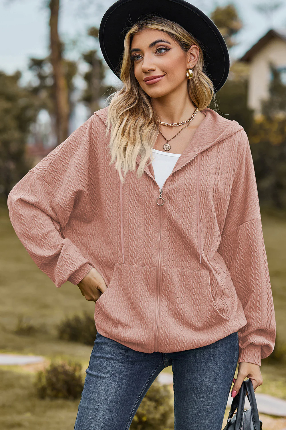 Drawstring Zip Up Dropped Shoulder Hoodie - Image 21