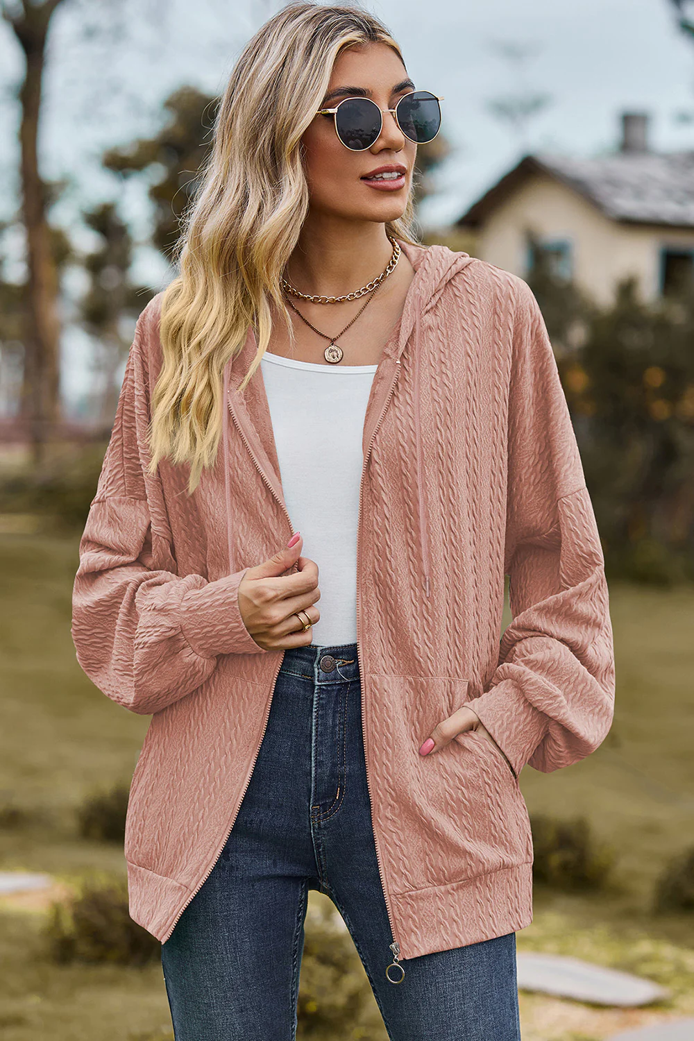 Drawstring Zip Up Dropped Shoulder Hoodie - Image 22
