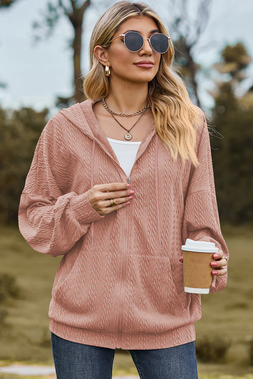 Drawstring Zip Up Dropped Shoulder Hoodie - Image 23