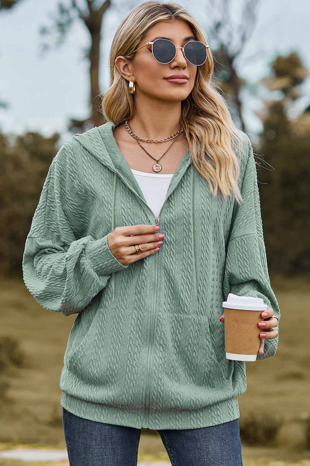 Drawstring Zip Up Dropped Shoulder Hoodie - Image 25