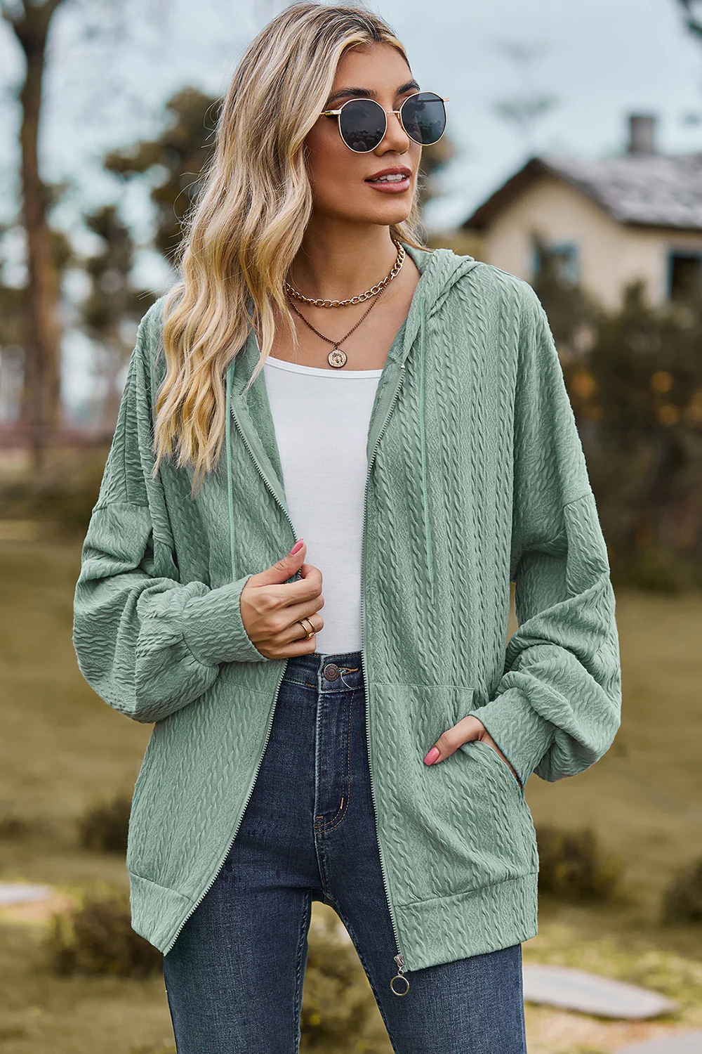 Drawstring Zip Up Dropped Shoulder Hoodie - Image 26