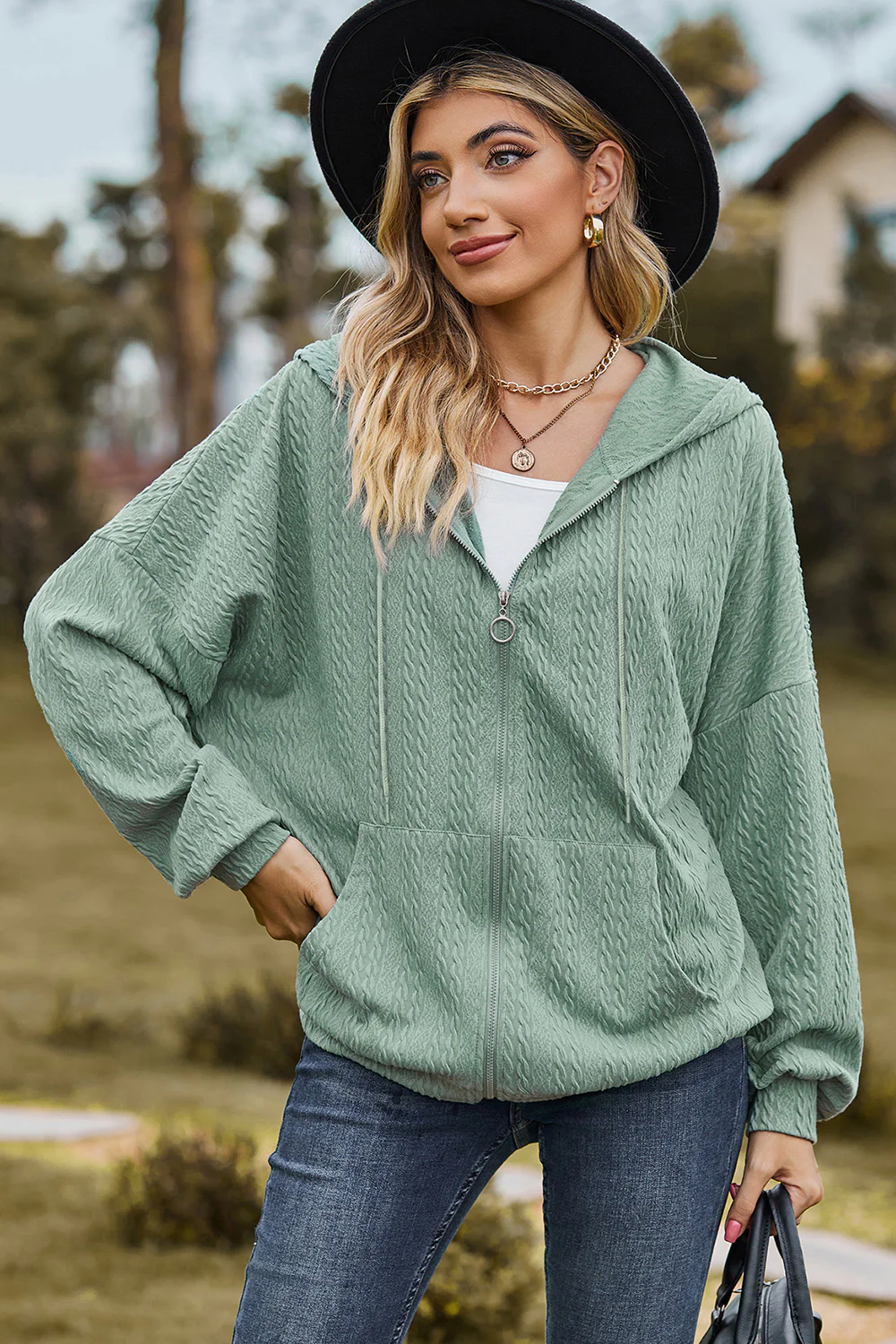 Drawstring Zip Up Dropped Shoulder Hoodie - Image 27