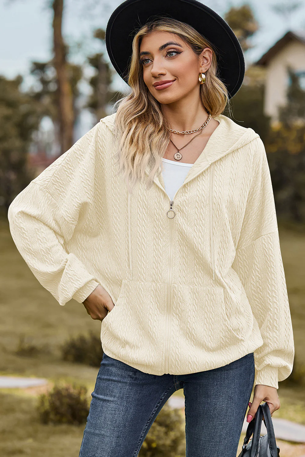 Drawstring Zip Up Dropped Shoulder Hoodie - Image 29