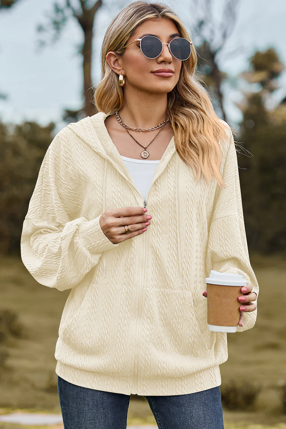 Drawstring Zip Up Dropped Shoulder Hoodie - Image 30
