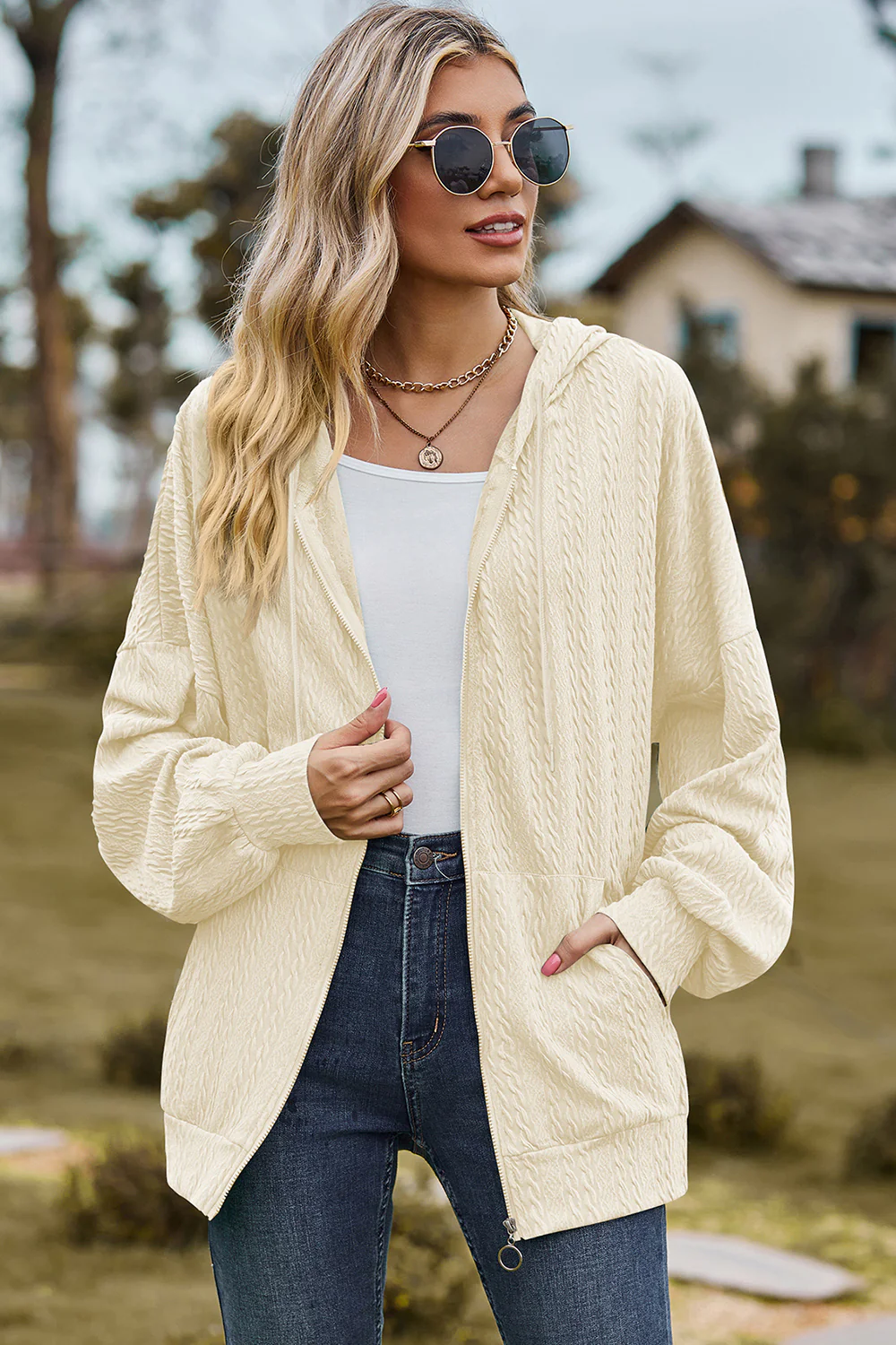 Drawstring Zip Up Dropped Shoulder Hoodie - Image 31
