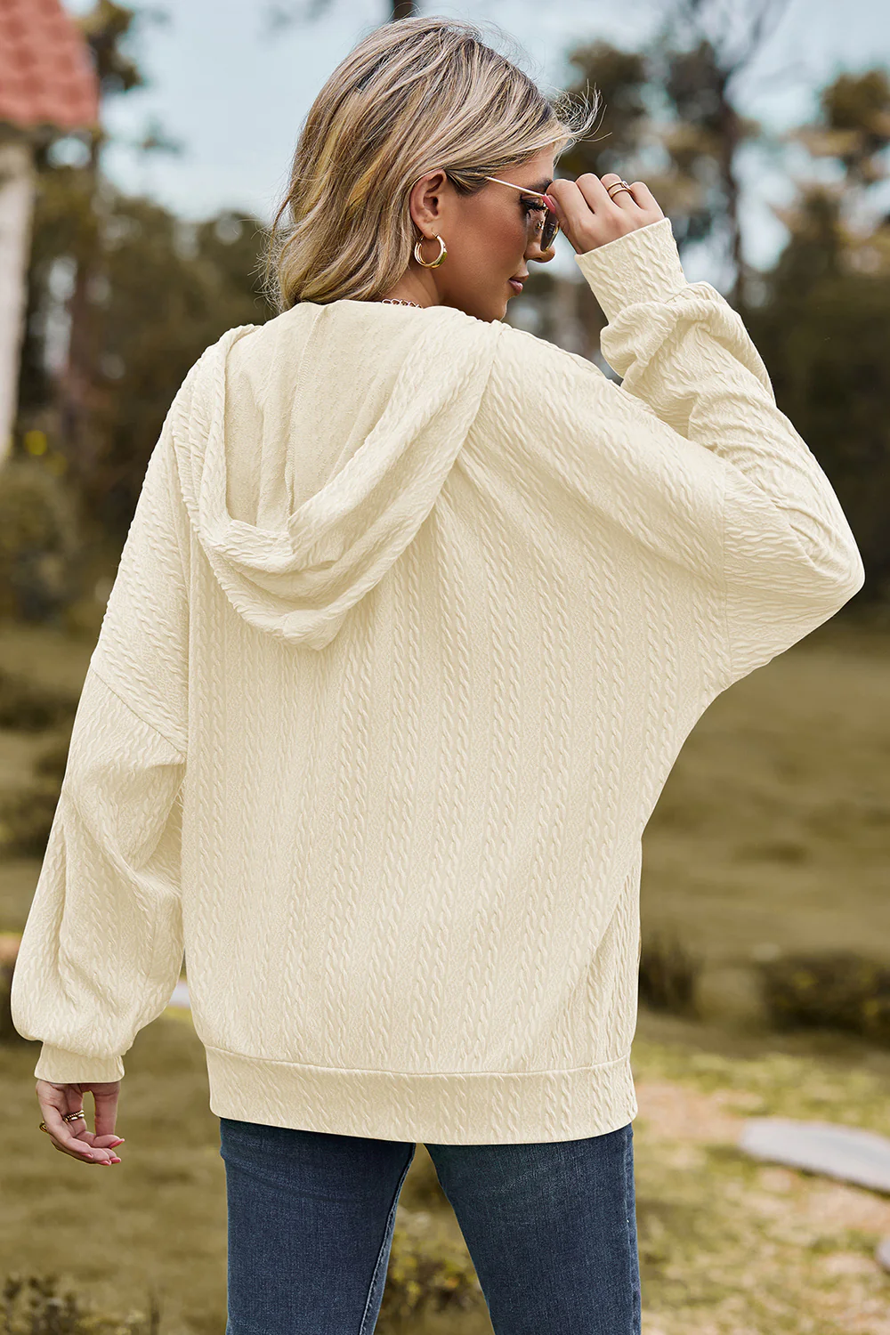 Drawstring Zip Up Dropped Shoulder Hoodie - Image 32