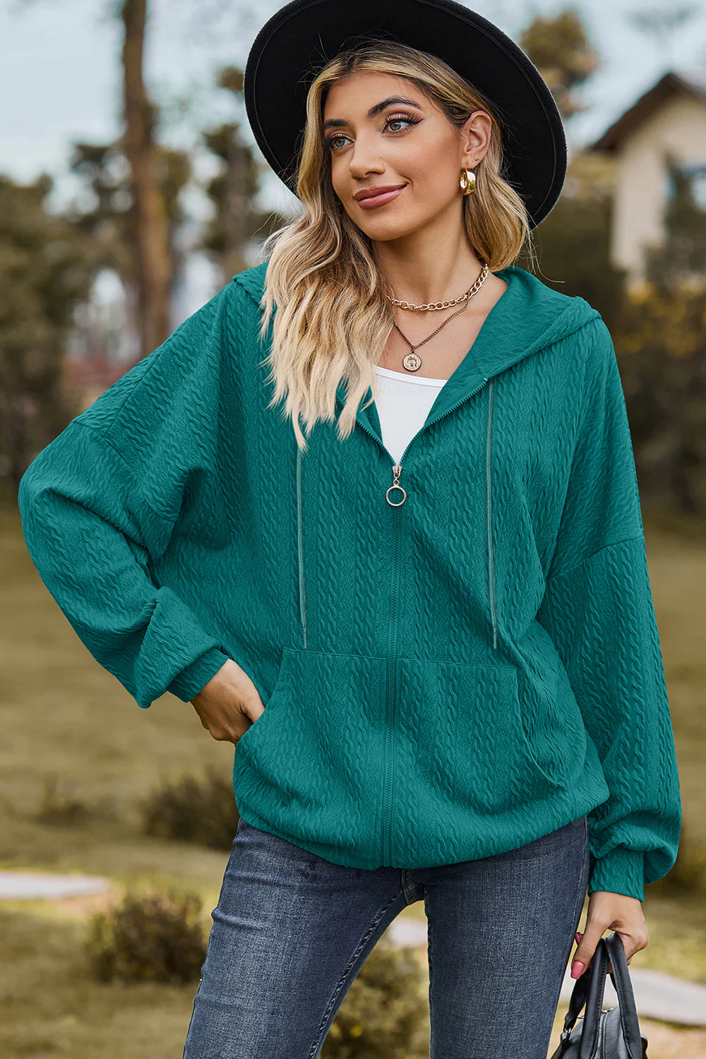 Drawstring Zip Up Dropped Shoulder Hoodie - Image 4