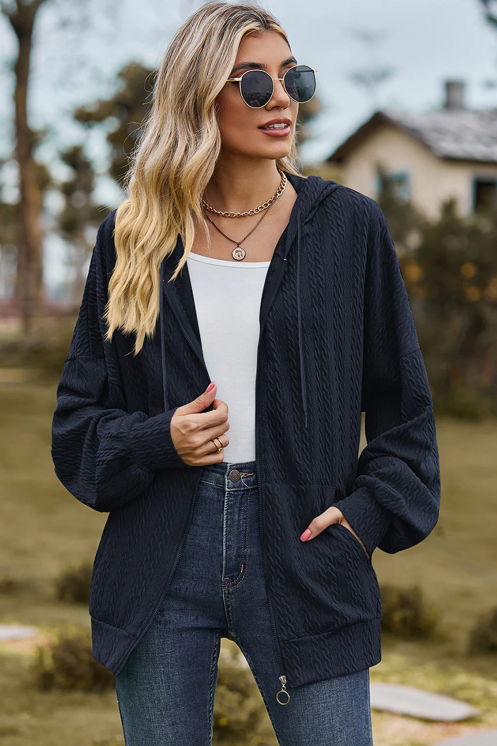 Drawstring Zip Up Dropped Shoulder Hoodie - Image 5