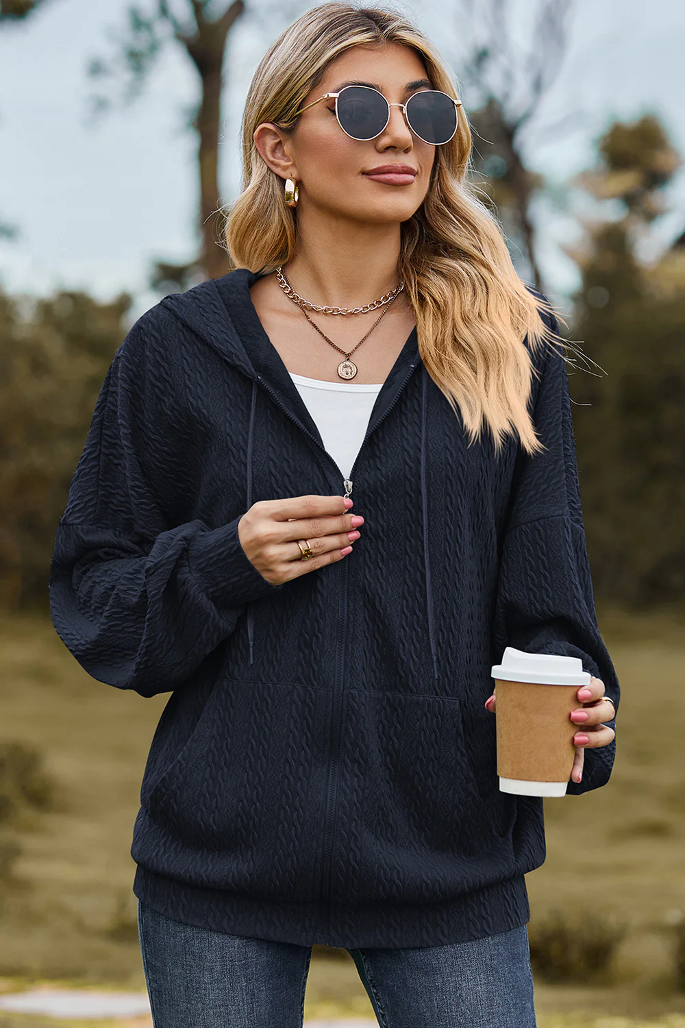 Drawstring Zip Up Dropped Shoulder Hoodie - Image 6